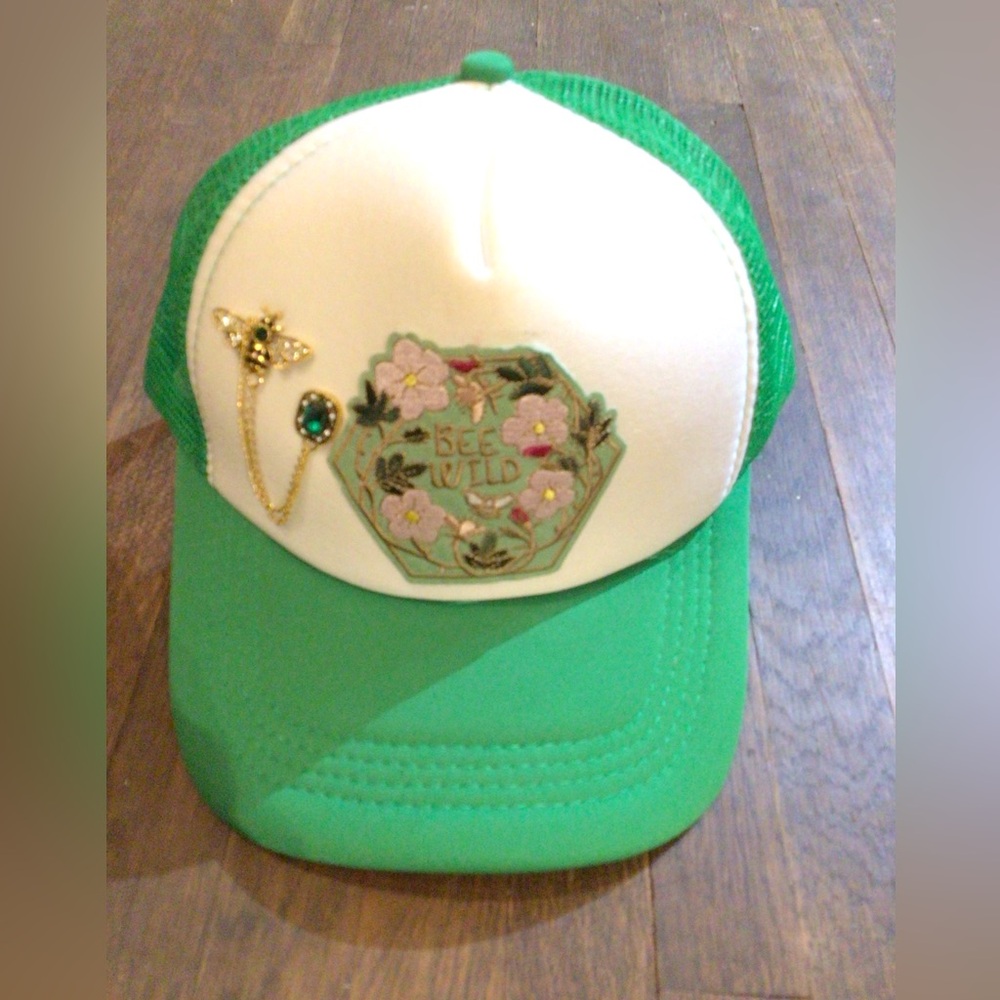 NEW! Upcycled Green and White "Bee Wild" Embellished Trucker Hat
